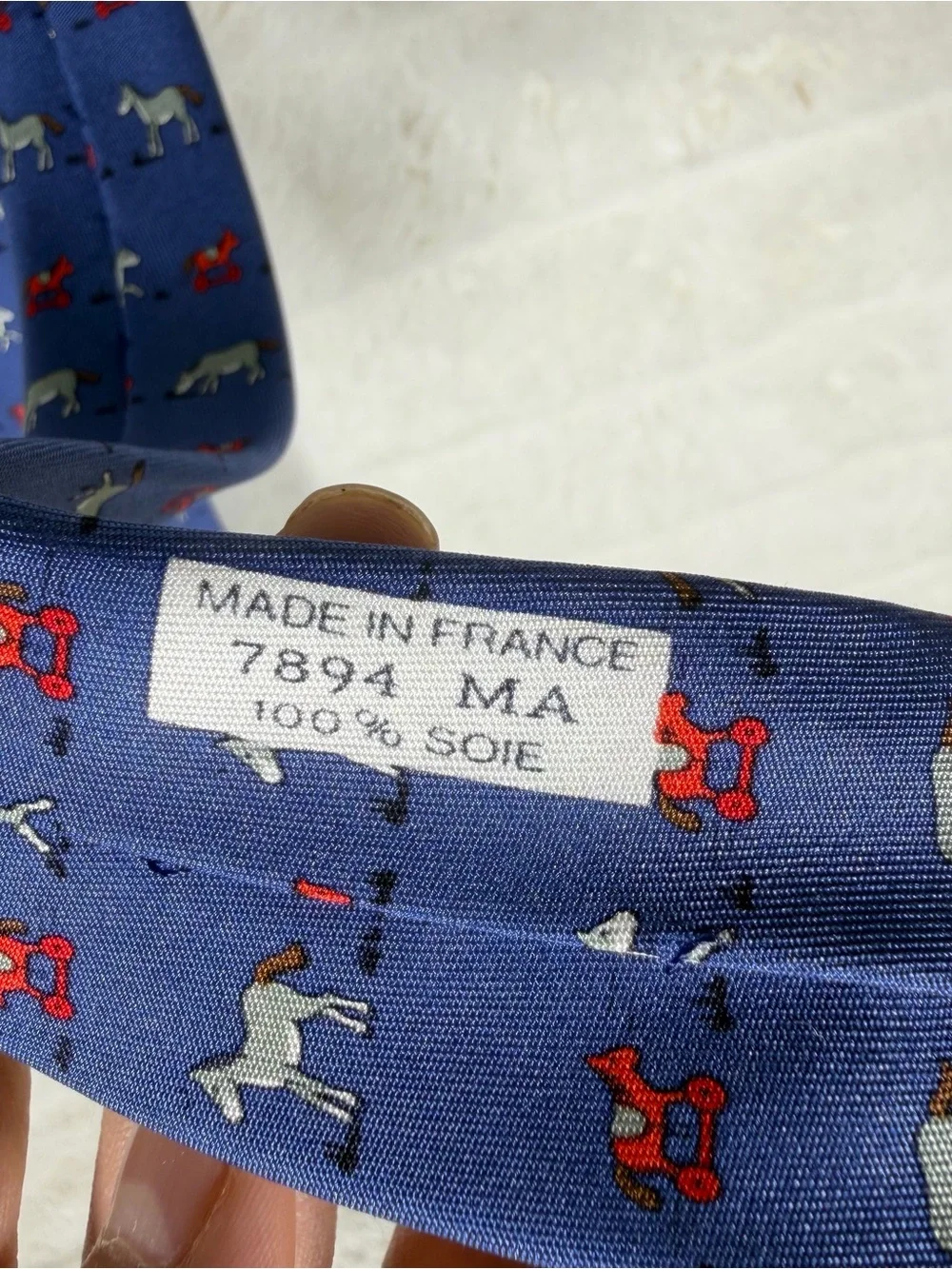 HERMES Horse print silk tie navy With Horse And Toy Horse